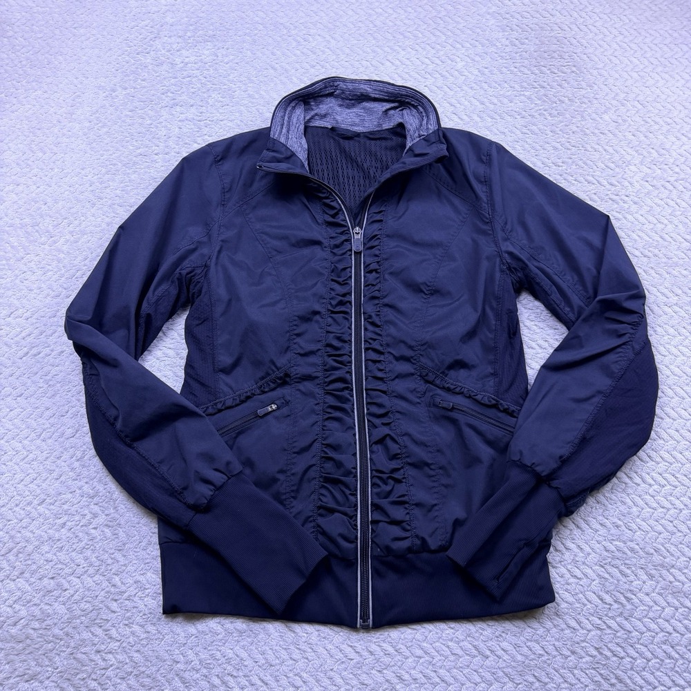 Lululemon Womens Run Back On Track Jacket Sz 8 Black Full Zip Hooded Ruched